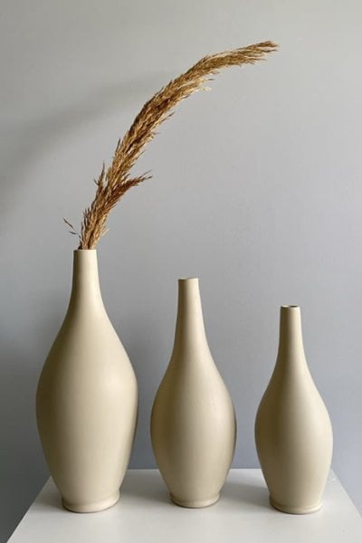 3'lü İnce Ağızlı Vazo Seti  (25cm-30cm-35cm) Taş
