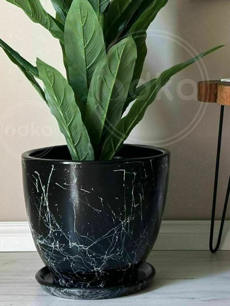 60 Litre Büyük Boy Klasik Saksı Tabaklı Yükseklik 46cm Çap 46cm Siyah Mermer Desenli