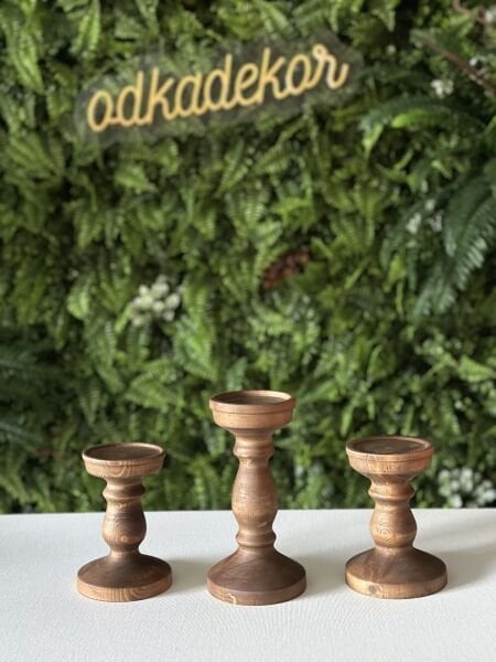 Doğal Ahşap 3lü Şamdan Mumluk Ceviz Renk
