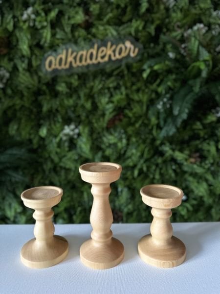 Doğal Ahşap 3lü Şamdan Mumluk Naturel