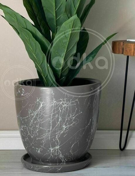 40 Litre Büyük Boy Klasik Saksı Tabaklı Yükseklik 38cm Çap 40cm Vizon Mermer Desenli