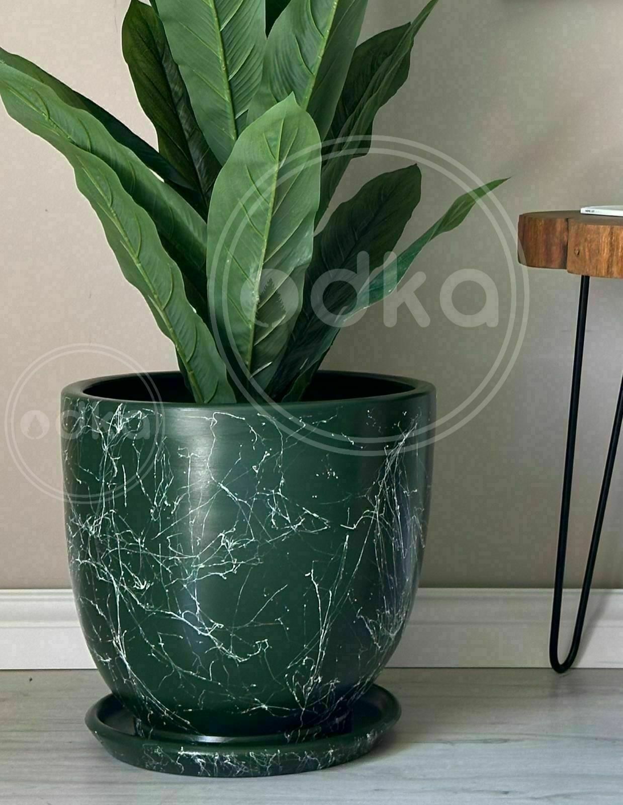 40 Litre Büyük Boy Klasik Saksı Tabaklı Yükseklik 38cm Çap 40cm Koyu Yeşil Mermer Desenli