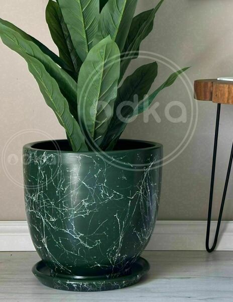 40 Litre Büyük Boy Klasik Saksı Tabaklı Yükseklik 38cm Çap 40cm Koyu Yeşil Mermer Desenli