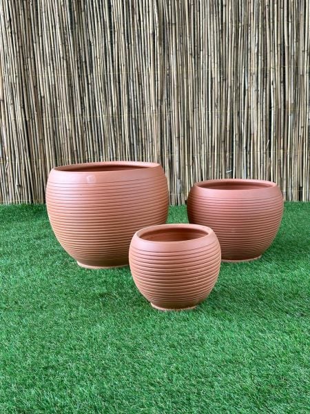 Küre Çizgili Doğal El yapımı Terracotta Çömlek Saksı Tabaklı