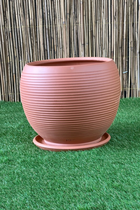 Küre Çizgili Doğal El yapımı Terracotta Çömlek Saksı Tabaklı Yükseklik: 37cm Çap: 40cm