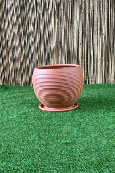 Küre Çizgili Doğal El yapımı Terracotta Çömlek Saksı Tabaklı Yükseklik: 27cm Çap: 30cm