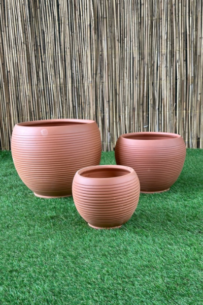Küre Çizgili Doğal El yapımı Terracotta Çömlek Saksı Tabaklı Yükseklik: 21cm Çap: 23cm