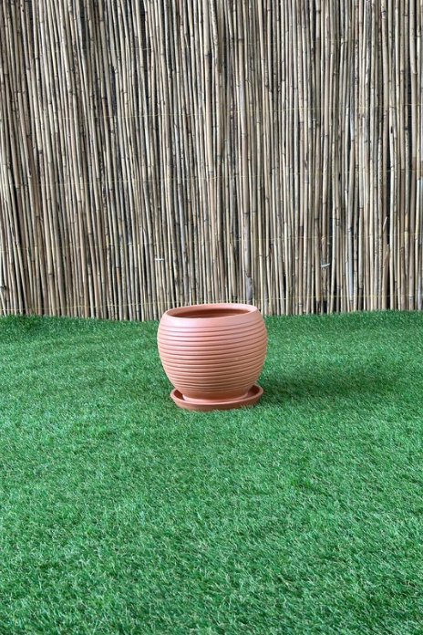 Küre Çizgili Doğal El yapımı Terracotta Çömlek Saksı Tabaklı Yükseklik: 21cm Çap: 23cm
