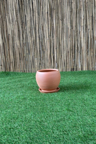 Küre Çizgili Doğal El yapımı Terracotta Çömlek Saksı Tabaklı Yükseklik: 21cm Çap: 23cm