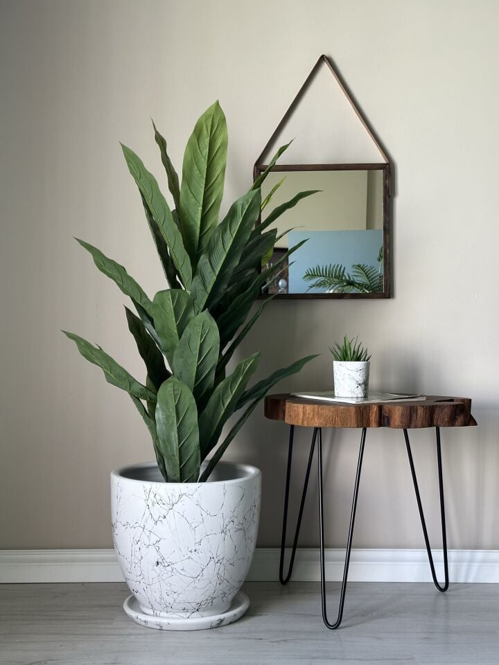 Klasik Saksı Tabaklı Mia Seri-Beyaz Siyah Mermer Desenli