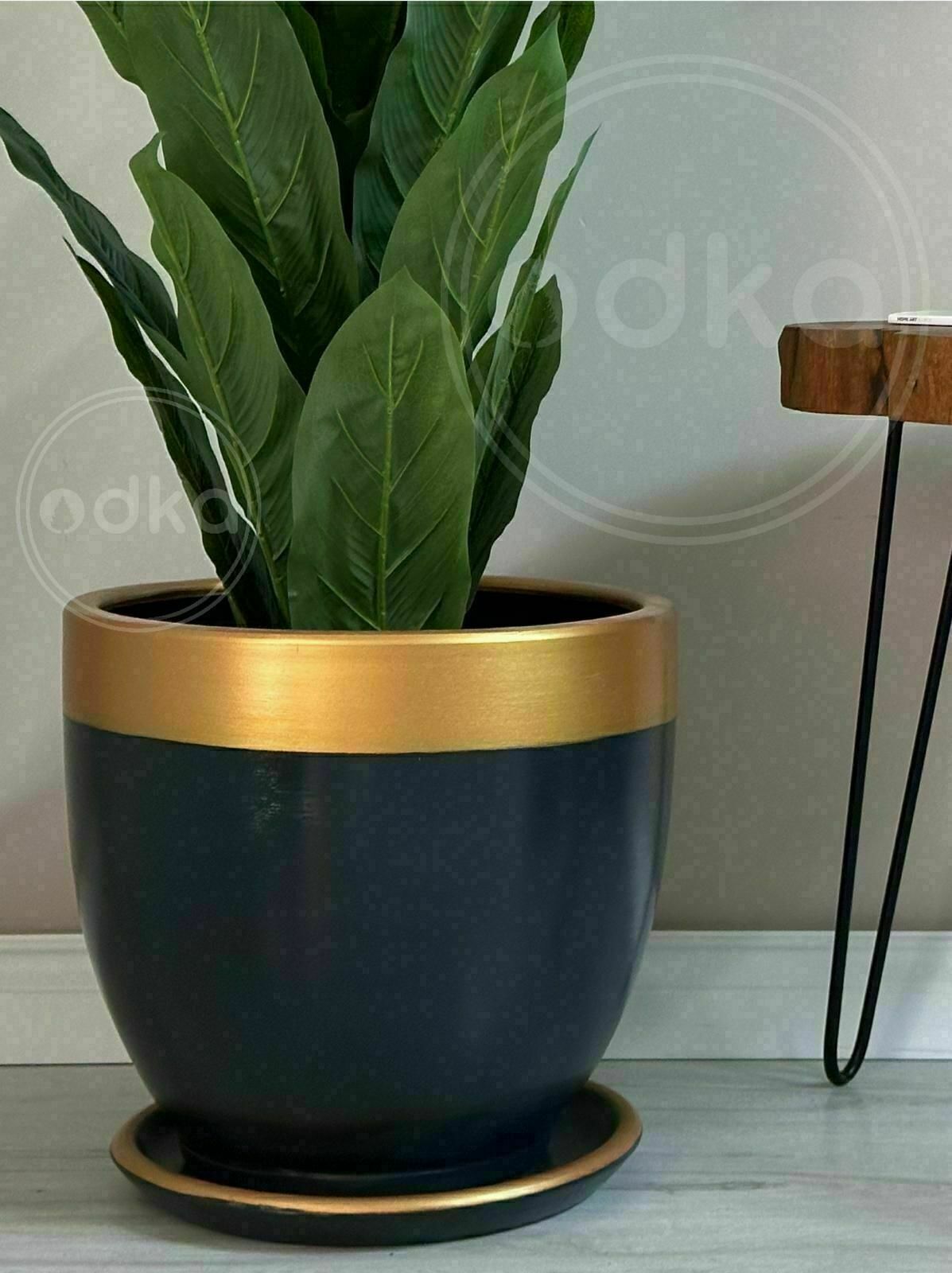 60 Litre Büyük Boy Klasik Saksı Tabaklı Yükseklik 46cm Çap 46cm Antrasit-Gold