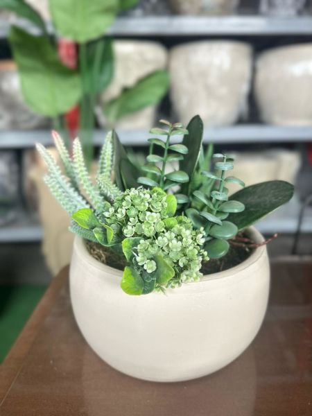 Yapay Bitkili Aranjman Saksı Çap: 20cmX Yükseklik: 12cm Ekru