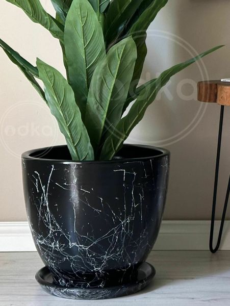 10 Lt Saksı Klasik Saksı Tabaklı Yükseklik 23cm Çap 25cm Siyah Mermer Desenli