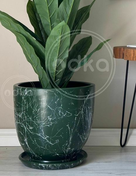 10 Lt Saksı Klasik Saksı Tabaklı Yükseklik 23cm Çap 25cm Koyu Yeşil Mermer Desenli