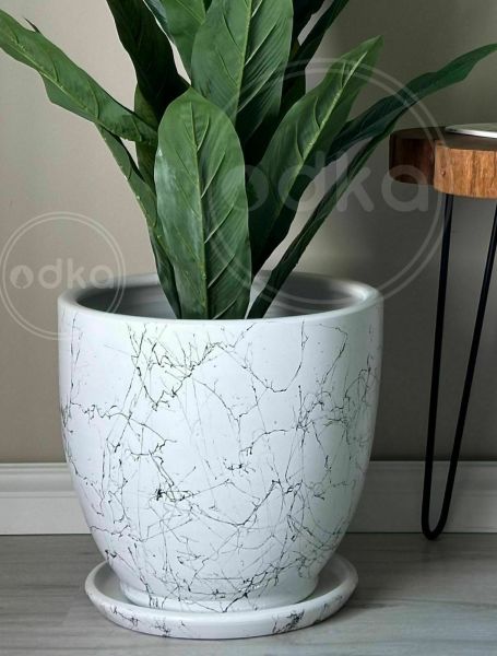 10 Lt Saksı Klasik Saksı Tabaklı Yükseklik 23cm Çap 25cm Beyaz Mermer Desenli
