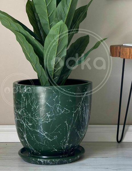 10 Lt Saksı Klasik Saksı Tabaklı Yükseklik 23cm Çap 25cm Koyu Yeşil Mermer Desenli