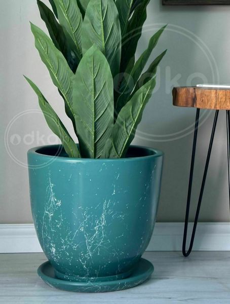 10 Lt Saksı Klasik Saksı Tabaklı Yükseklik 23cm Çap 25cm Zümrüt Yeşili Mermer Desenli