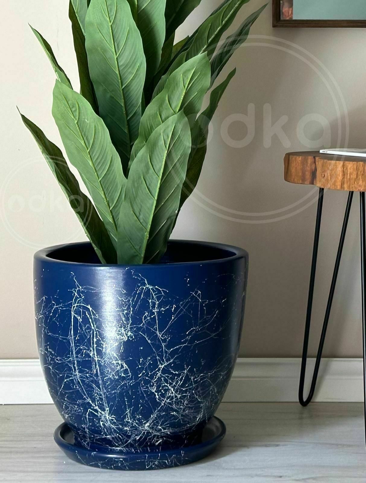 10 Lt Saksı Klasik Saksı Tabaklı Yükseklik 23cm Çap 25cm Gece Mavisi Mermer Desenli