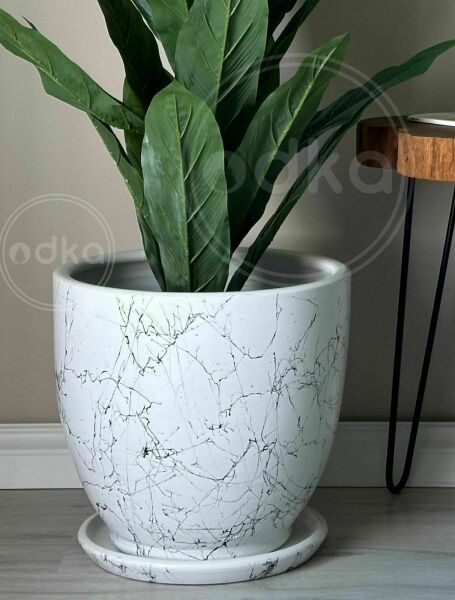 10 Lt Saksı Klasik Saksı Tabaklı Yükseklik 23cm Çap 25cm Beyaz Mermer Desenli