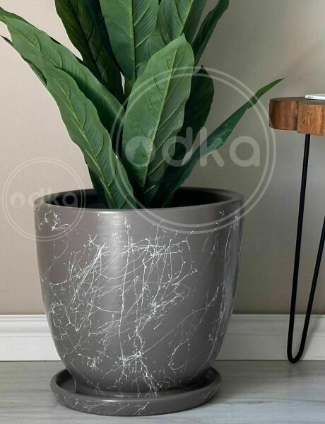 10 Lt Saksı Klasik Saksı Tabaklı Yükseklik 23cm Çap 25cm Vizon Mermer Desenli