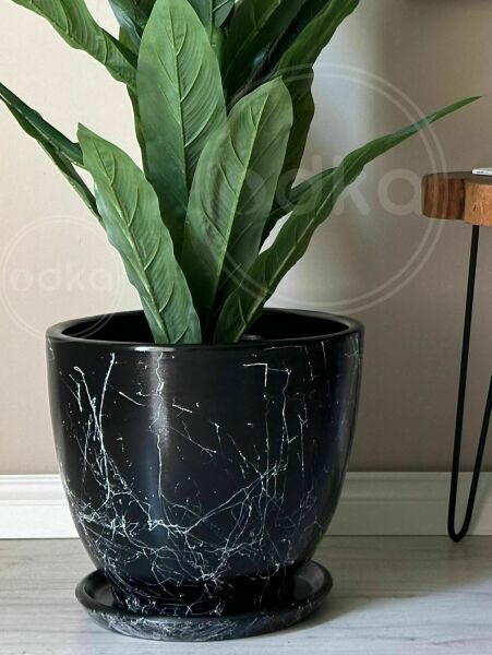 10 Lt Saksı Klasik Saksı Tabaklı Yükseklik 23cm Çap 25cm Siyah Mermer Desenli