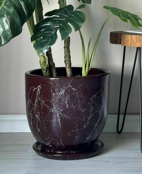 10 Lt Saksı Klasik Saksı Tabaklı Yükseklik 23cm Çap 25cm Bordo Mermer Desenli