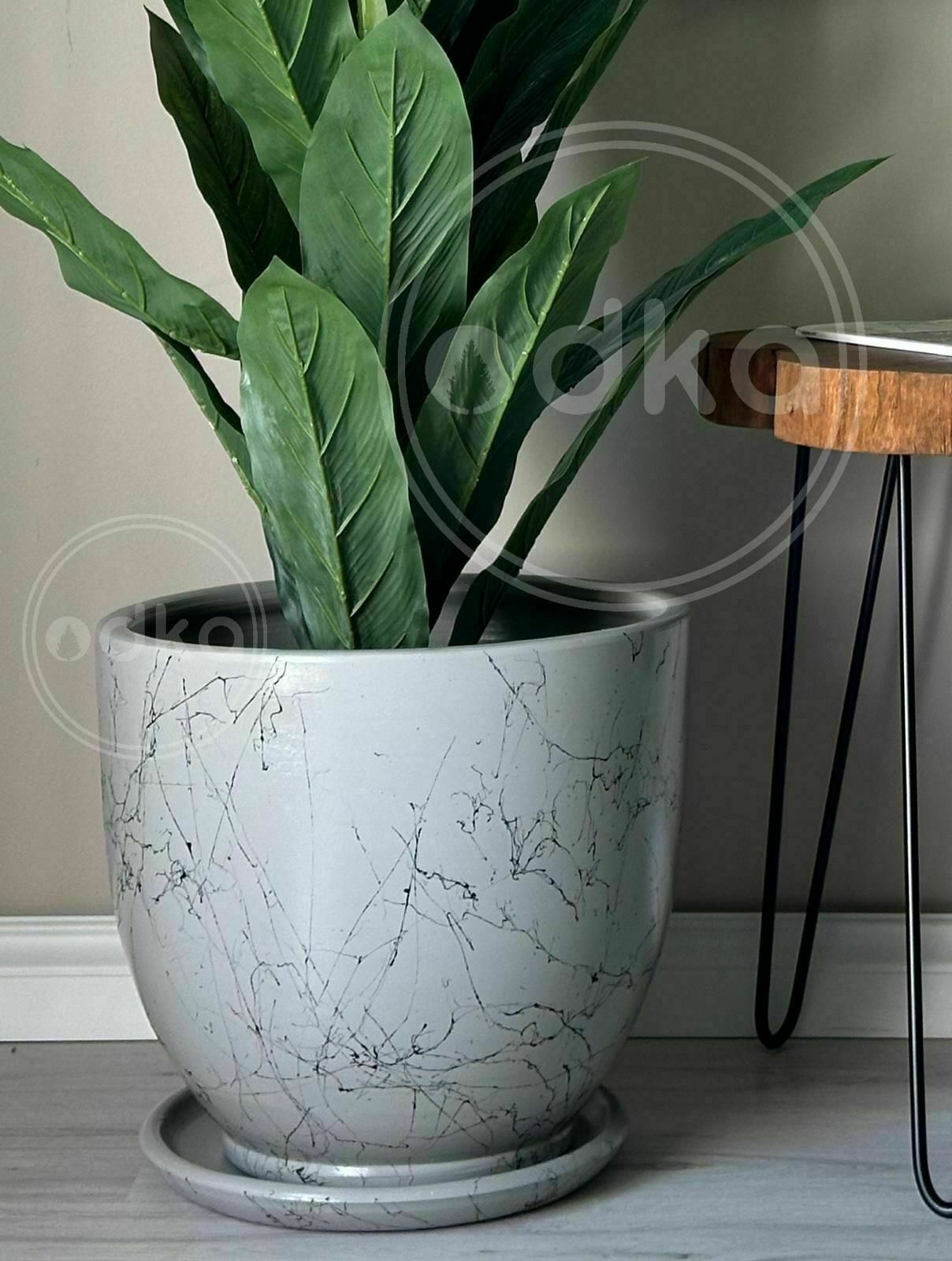 10 Lt Saksı Klasik Saksı Tabaklı Yükseklik 23cm Çap 25cm Granit Siyah Mermer Desenli
