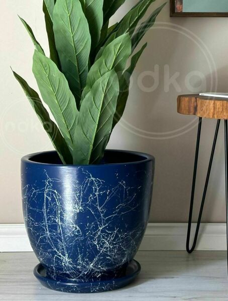 10 Lt Saksı Klasik Saksı Tabaklı Yükseklik 23cm Çap 25cm Gece Mavisi Mermer Desenli