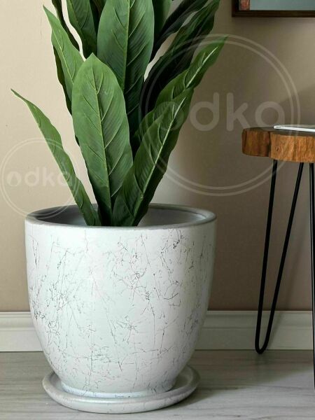 10 Lt Saksı Klasik Saksı Tabaklı Yükseklik 23cm Çap 25cm Beyaz Gümüş Mermer Desenli