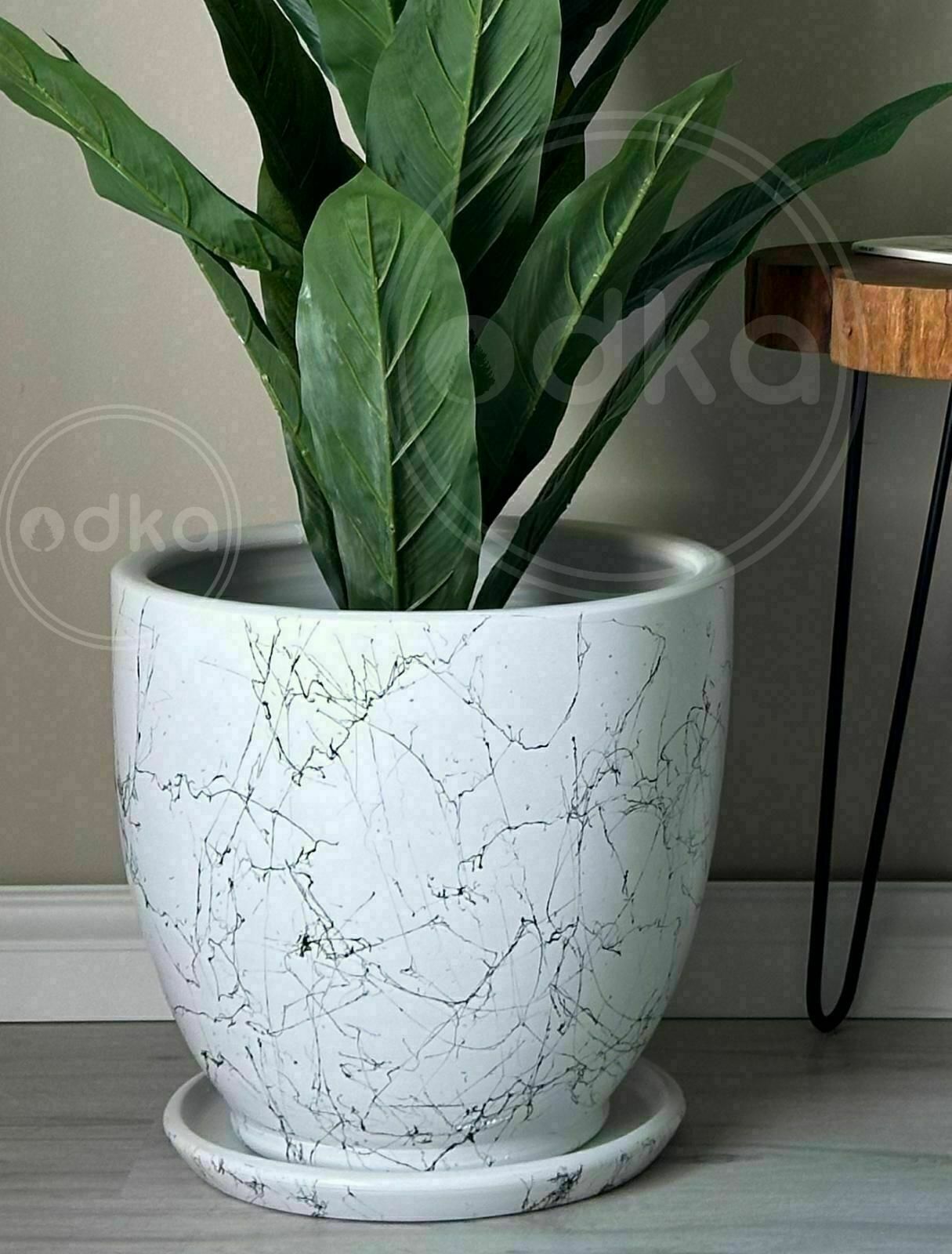 Mia Seri 60 Litre Büyük Boy Klasik Saksı Tabaklı Yükseklik 46cm Çap 46cm Beyaz Mermer Desenli