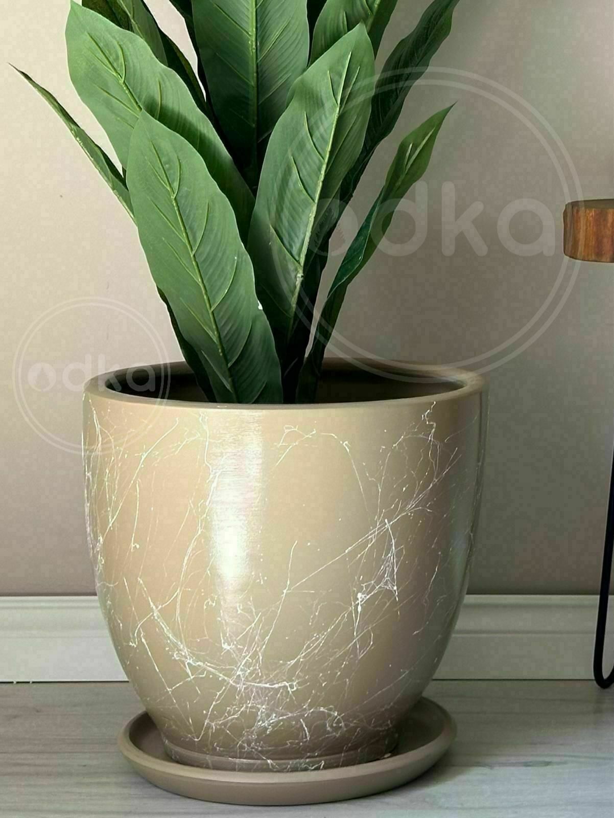 Mia Seri 60 Litre Büyük Boy Klasik Saksı Tabaklı Yükseklik 46cm Çap 46cm Bej Mermer Desenli