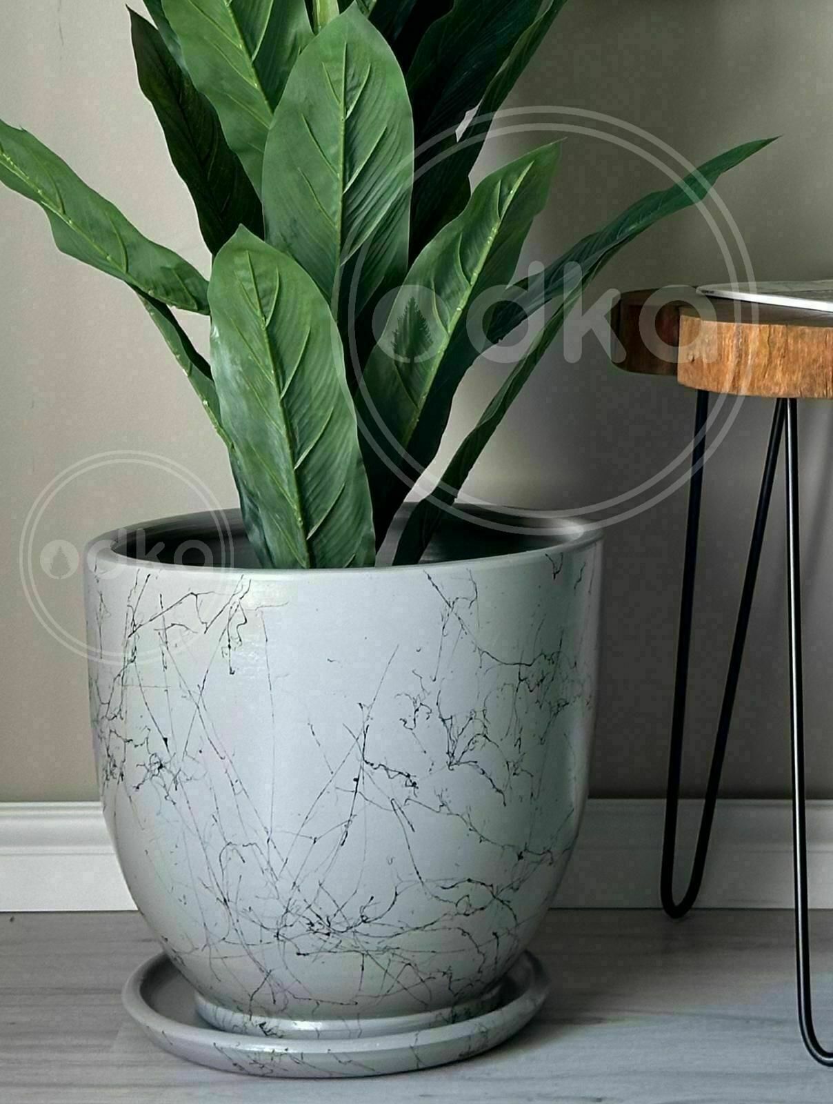 Mia Seri 60 Litre Büyük Boy Klasik Saksı Tabaklı Yükseklik 46cm Çap 46cm Granit Siyah Mermer Desenli