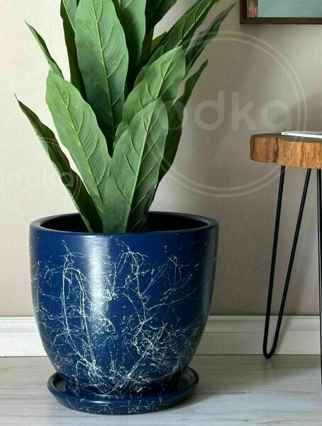 Mia Seri 60 Litre Büyük Boy Klasik Saksı Tabaklı Yükseklik 46cm Çap 46cm Gece Mavisi Mermer Desenli