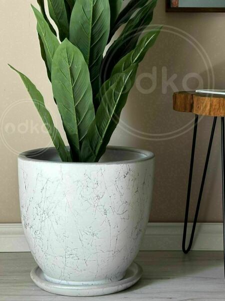 Mia Seri 60 Litre Büyük Boy Klasik Saksı Tabaklı Yükseklik 46cm Çap 46cm Beyaz Gümüş Mermer Desenli