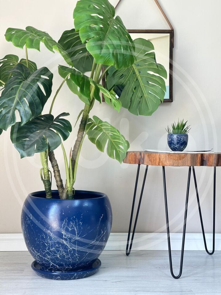 Küre Saksı Mia-Gece Mavisi Mermer Desenli