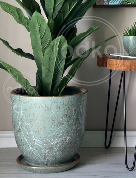 10 Lt Saksı Klasik Saksı Tabaklı Yükseklik 23cm Çap 25cm Mint Yeşili-Beyaz-Gold
