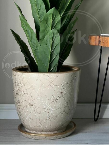 10 Lt Saksı Klasik Saksı Tabaklı Yükseklik 23cm Çap 25cm Taş-Beyaz-Gold