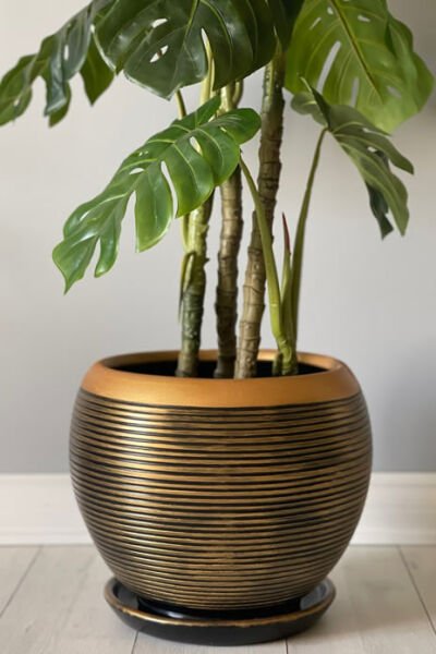 Küre Saksı-Çizgili Siyah Eskitme Gold