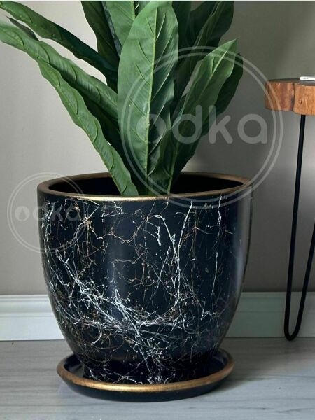 10 Lt Saksı Klasik Saksı Tabaklı Yükseklik 23cm Çap 25cm Siyah-Beyaz-Gold