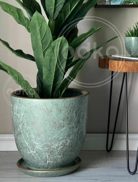 10 Lt Saksı Klasik Saksı Tabaklı Yükseklik 23cm Çap 25cm Mint Yeşili-Beyaz-Gold