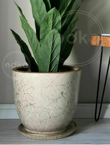 Klasik Saksı Tabaklı Yükseklik 23cm Çap 25cm Taş-Beyaz-Gold