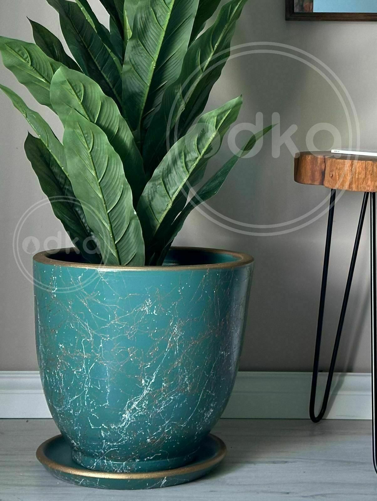 Klasik Saksı Tabaklı Yükseklik 23cm Çap 25cm Zümrüt-Beyaz-Gold