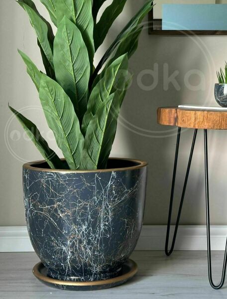 Klasik Saksı Tabaklı Yükseklik 23cm Çap 25cm Antrasit-Beyaz-Gold
