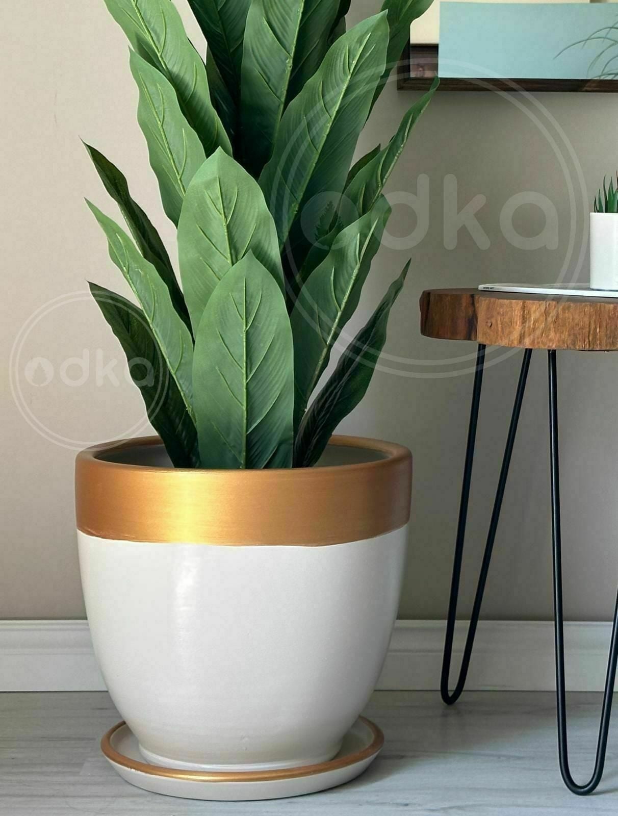 Klasik Saksı Tabaklı Yükseklik 23cm Çap 25cm Ekru-Gold