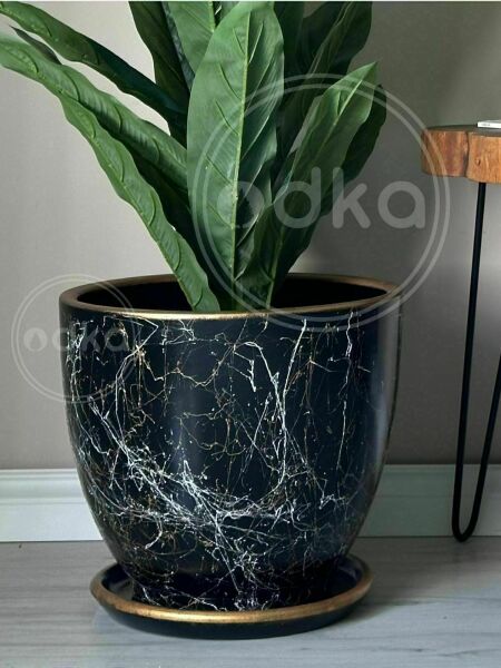Klasik Saksı Tabaklı Yükseklik 23cm Çap 25cm Siyah-Beyaz-Gold