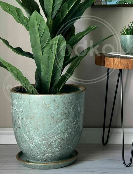 Klasik Saksı Tabaklı Yükseklik 23cm Çap 25cm Mint Yeşili-Beyaz-Gold