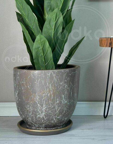 Klasik Saksı Tabaklı Yükseklik 23cm Çap 25cm Vizon-Beyaz-Gold