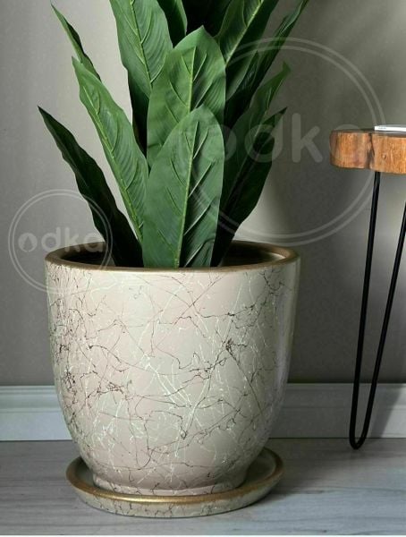 40 Litre Büyük Boy Klasik Saksı Tabaklı Yükseklik 38cm Çap 40cm Taş-Beyaz-Gold