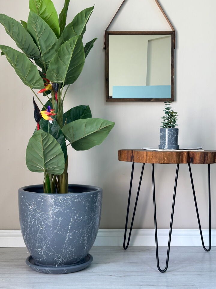 Klasik Saksı Tabaklı Mia Seri- Koyu Füme Mermer Desenli