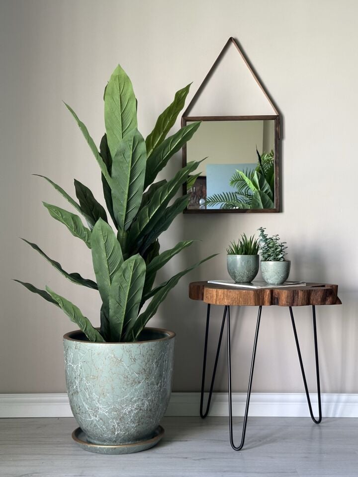 Klasik Saksı Tabaklı Lily Seri- Mint Yeşili Beyaz Gold